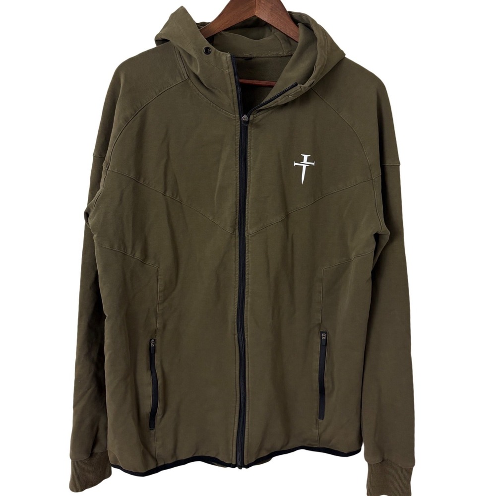 Three Nails Kingdom Full Zip Hoodie Mens XL Olive Green Athletic Casual Faith